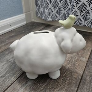 Pottery Barn Kids Lamb Ceramic Piggy Bank White Green Bird 2013 Baby Nursery 6"